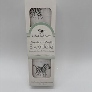 Amazing Baby Muslin Swaddle Blanket Premium Cotton Zebra White 36 x 36 NEW